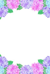 イラスト素材：水彩絵の具で描いたかわいい紫陽花の縦位置の背景　天地（紫・ピンク・水色）（透過背景）
