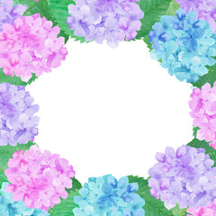 イラスト素材：水彩絵の具で描いたかわいい紫陽花のリース　正方形（紫・ピンク・水色）
（透過背景）