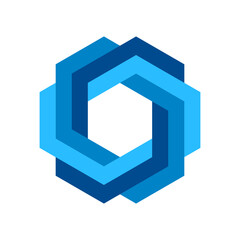Blue impossible hexagon symbol. Endless geometric figure. Triple hexagonal loop. Business logo template. Infinite shape icon. Blue intertwined polygonal object. Vector illustration, flat, clip art. 