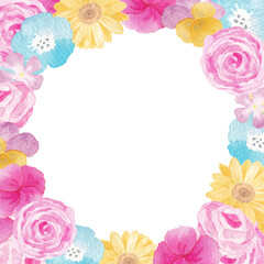 イラスト素材：水彩絵の具で手描きした華やかでカラフルな花のリース　正方形
（透過背景）