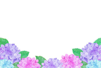 イラスト素材：水彩絵の具で描いたかわいい紫陽花の横位置の背景　下部のみに配置（紫・ピンク・水色）（透過背景）