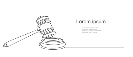 Judge's gavel continuous one line drawing minimalism design isolated on white background. Illustration with quote template. 