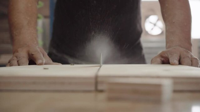 A factory worker cuts a tree with a circular saw. Sawdust of plywood is flying