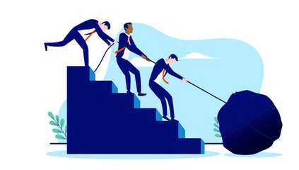 Business Teamwork - Businesspeople working hard to solve impossible problem dragging rock up stairs. Work obstacle and challenge concept. Flat design vector illustration with white background