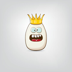 white egg king with crown cartoon characters isolated on grey background. My name is egg vector concept illustration. funky farm food or easter egg king character with eyes and mouth