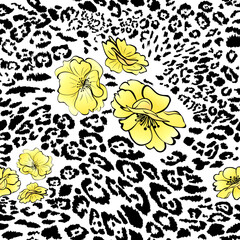 Leopard skin animals and flowers. Seamless pattern. Endless hand drawn vector background.