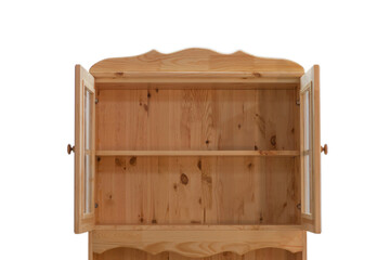 Retro style modern kitchen cabinet with open doors and shelves. Open doors of a wooden kitchen cabinet with shelves isolated on a white background.