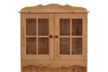 Close-up of a kitchen cabinet with glass doors. Classic furniture made of natural wood.