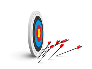 Arrows missed hitting target isolated on white. Shot miss. Sport game business competition and challenge failure, failed inaccurate attempts metaphor. Vector illustration