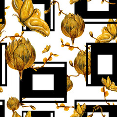 Watercolor pattern golden butterfly and tulip flower on white background and geometric square for your design seamless