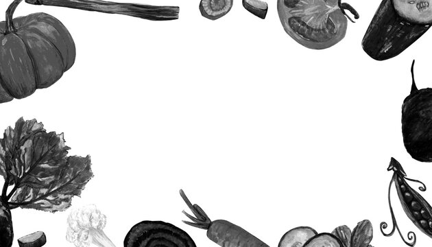 Watercolor template black and white vegetarian vegetable, fresh harvest food, on a white background for your design, banner