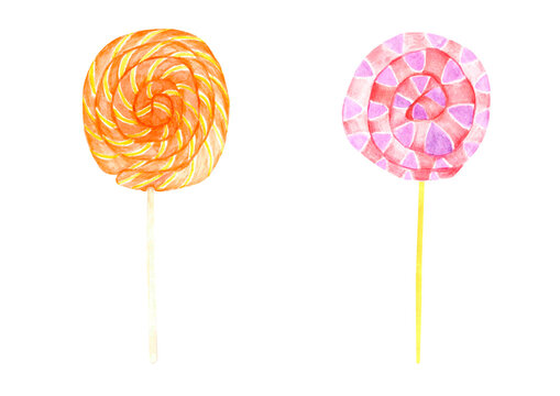 Watercolor set sweet lollipop, colorful children candy on a white background for your design