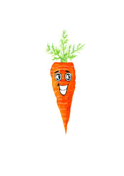 Watercolor illustration orange vegetable carrot, fresh harvest, smile cute on white background isolated for your festive design