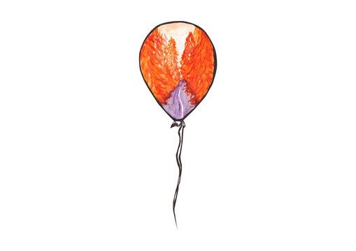 Watercolor illustration of a surreal balloon, autumn orange forest, on a white background isolated for your design
