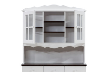 Close-up of a white kitchen cabinet with glass doors. Classic furniture made of natural wood.