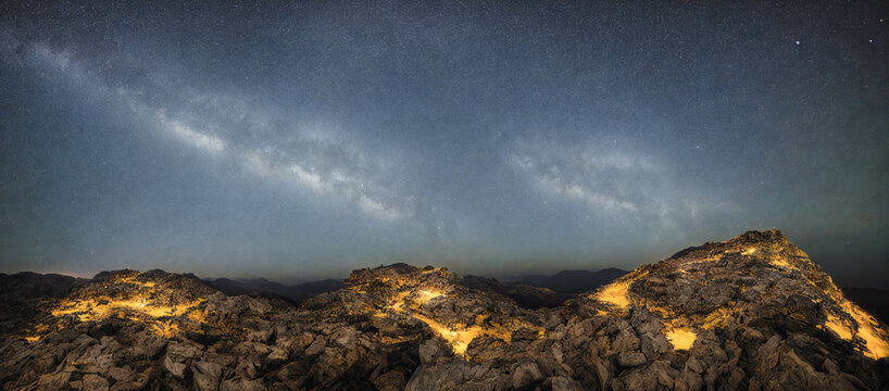Cosmos view from a mountain top, stars and meteors at night, 3d render
