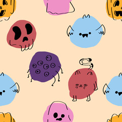 Vector Halloween seamless pattern. Colorful icons of skull, ghost, pumpkin, cat, bat and spider. Design elements for halloween party poster. Flat cartoon illustration.