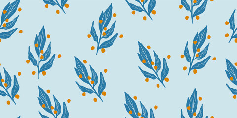 Winter seamless pattern with christmas trees, spruce woods, pine cone and berries on blue background. Surface design for textile, fabric, wallpaper, wrapping, giftwrap, paper, scrapbook and packaging.