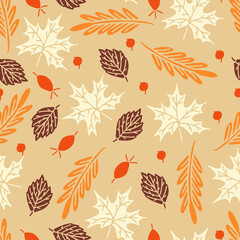 Seamless pattern with autumn leaves and rose hip in Orange, Brown, Red and White on beige background. Perfect for wallpaper, gift paper, pattern fills, web page background, autumn greeting cards. Vect