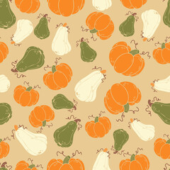 Fall seamless pattern with orange, yellow and green pumpkins on pastel pink background, Pumpkin patch background. Vector illustration
