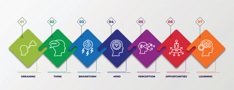 infographic template with linear icons. infographic for brain process concept. included dreaming, think, brainstorm, mind, perception, opportunities, learning editable vector.