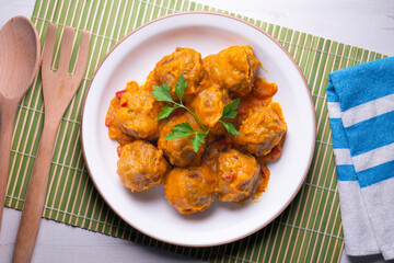 Meatballs with tomato sauce. Typical tapas from the north of Spain.