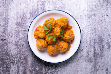 Meatballs with tomato sauce. Typical tapas from the north of Spain.