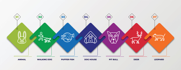 infographic template with linear icons. infographic for animals concept. included animal, walking dog, puffer fish, dog house, pit bull, deer, leopard editable vector. - obrazy, fototapety, plakaty