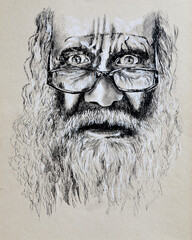 Abstract portrait of a frightened old man - illustration. Modern sketch portrait of a surprised grandfather in glasses painted with liner