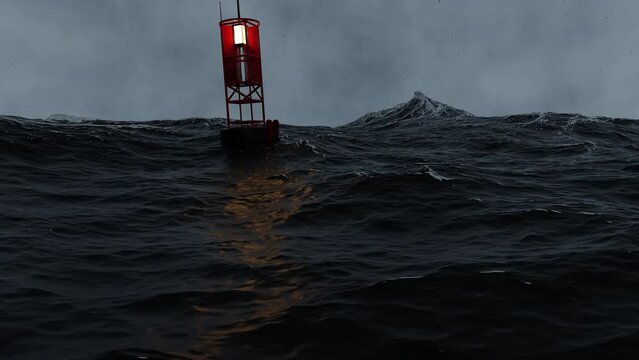 a storm in the sea. a rough sea. a stormy sea with a buoy. a 3d scene with a buoy in the middle of the sea with waves. camera that goes underwater