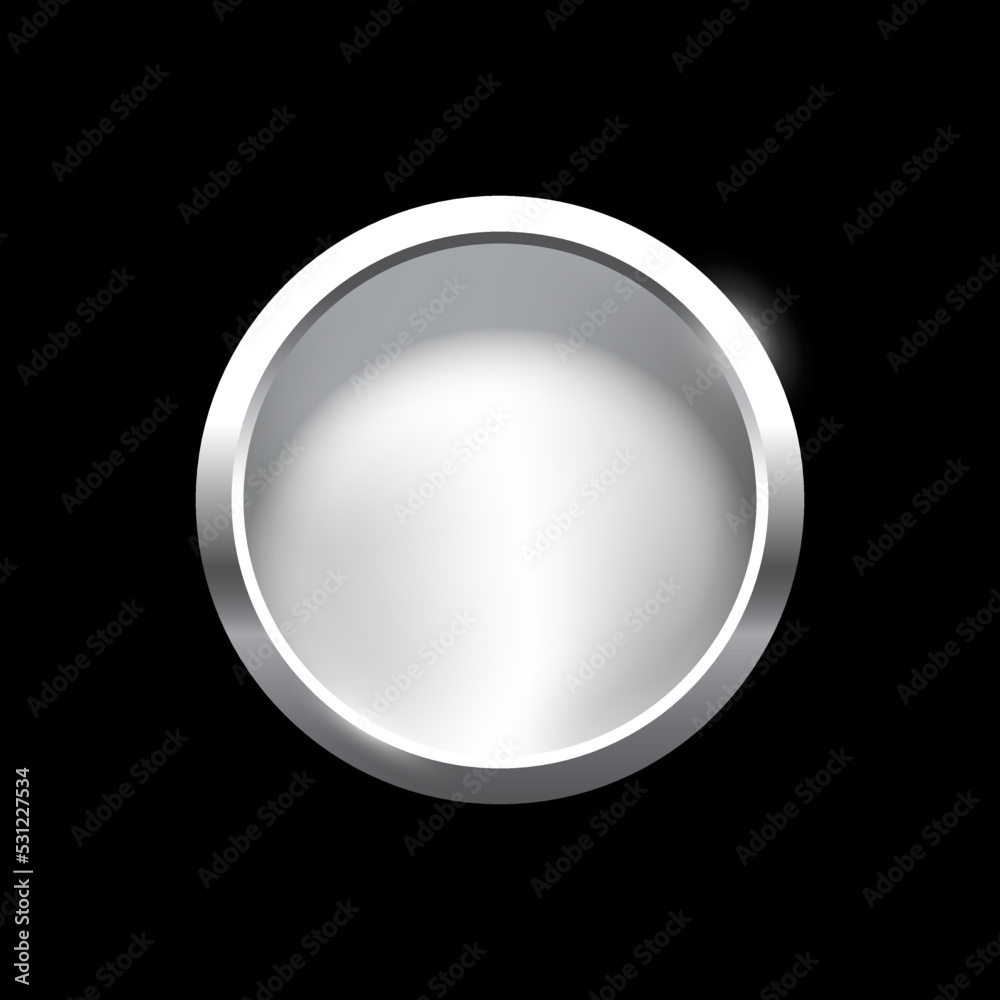 Wall mural silver round button with frame vector illustration. 3d steel glossy elegant circle design for empty 