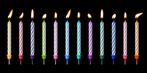 3d realistic colorful candles for birthday cake, holiday candles with burning flames