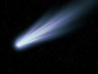Glowing comet in the starry sky. Observation of celestial objects. Real photography of a comet's tail against a background of stars. - obrazy, fototapety, plakaty