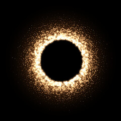 Magic round frame with gold dust glitter light effect, flashes of energy spray shooting