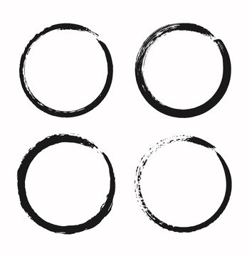 Vector set of round frames. Grunge textured circles. Hand drawn ink brush borders.
