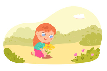 Obraz na płótnie Canvas Cute kid planting flower in ground of garden, girl holding flower seedlings to plant