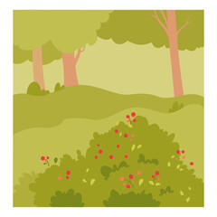 Ripe red berries growing on green summer shrub in forest or garden, cute landscape scene