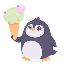 Cute penguin eating ice cream, funny baby animal holding waffle cone with scoop of sundae