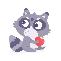 Cute raccoon holding red apple to eat, racoon character with furry striped tail and eyes