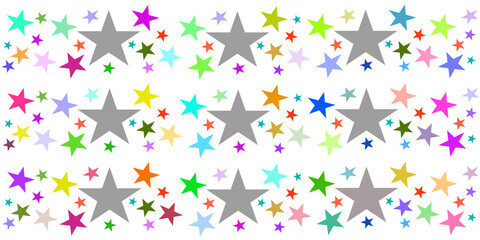 Background of large silver stars and small stars in various colors, concept of Christmas and celebrations.