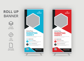Design of vector white roll-up banners with round, square, diagonal, and triangular design elements