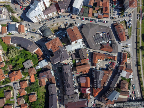 Zvornik, Bosnia and Herzegovina, aerial drone view. City of Zvornik and Drina river. 