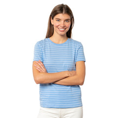 Confident young woman blue striped t-shirt standing with folded hands, looking at you