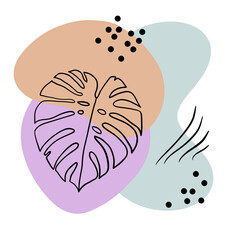 Hand drawn modern trendy illustration of abstract geometric shapes and monstera leaf  leaves. Violet beige mint background poster card, design for social media. Pastel graphic print.