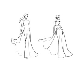 Beautiful fashion woman a single line on a white background, girl in long dress continuous line drawing, fashion logo, isolated black and white vector illustration on white background