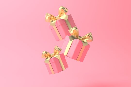 Gift Box With Bows On Pink Background 3d Rendering.