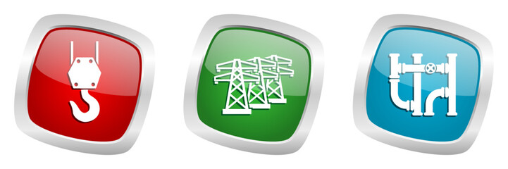 Industry and technolog vector icons, crane, powerline and pipeline silver metallic buttons
