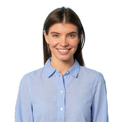 Half length portrait of happy girl in striped shirt looking at camera