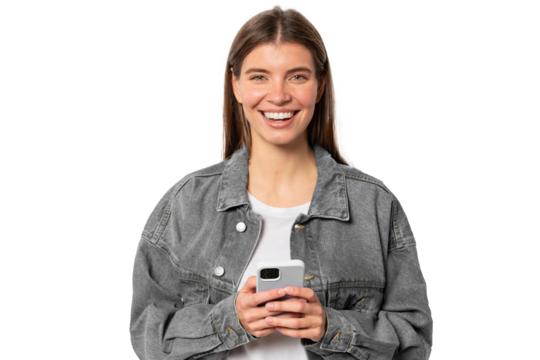 Pretty woman with fair hair holding mobile phone laughing at memes, surfing internet - Powered by Adobe