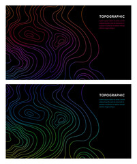 Topographic map. Vector illustration of colorful neon map lines and  contours with vivid gradients. Terrain path. Geography scheme. Line mountain relief for website, banner, poster, cover, invitations